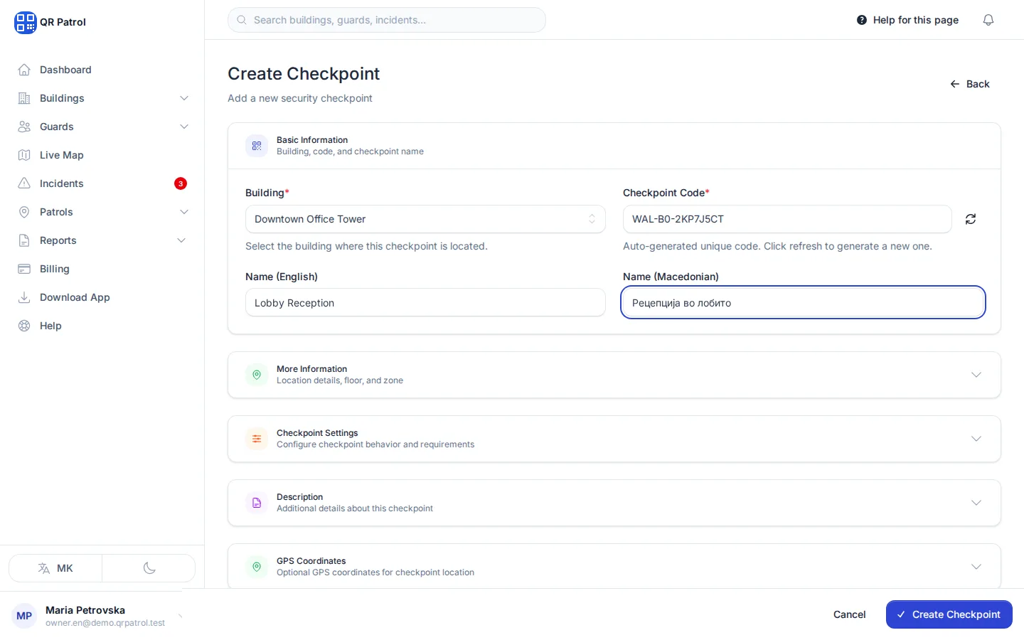 Click Create Checkpoint. The form opens again for the same building, ready for the next one.