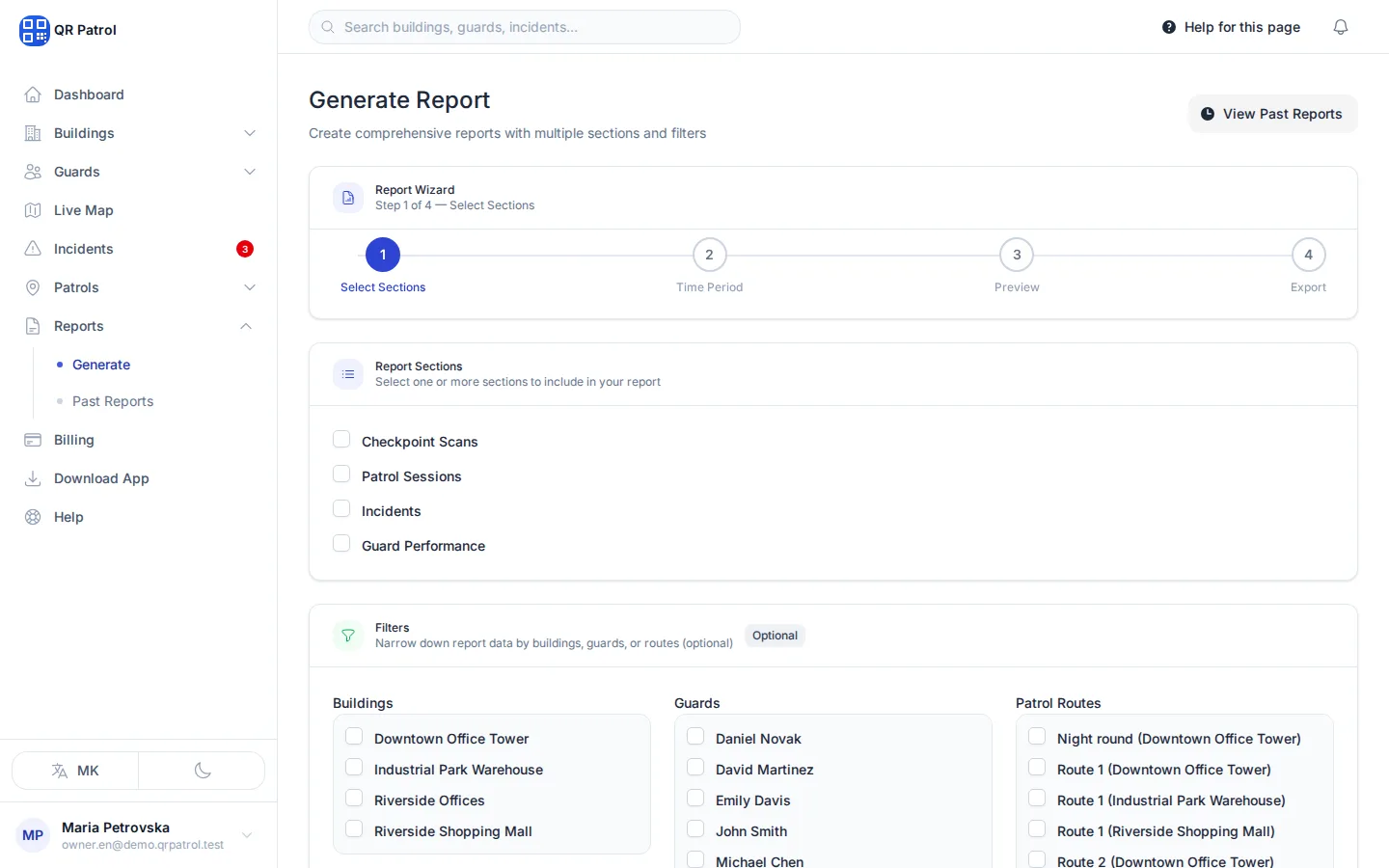 Tick the sections to include, for example Checkpoint Scans. The filters below are optional.